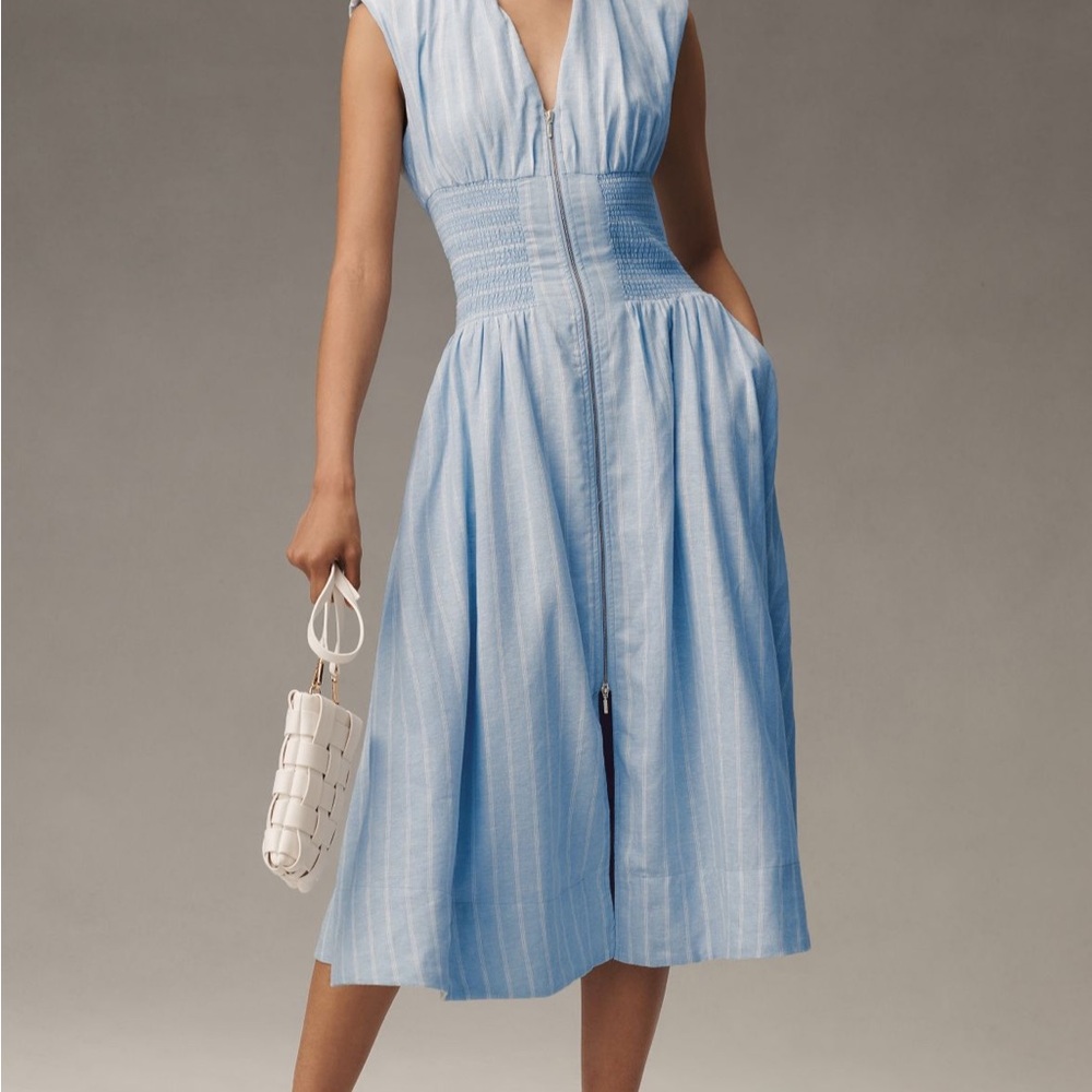 The Tommie Cap-Sleeve Smocked Front Zip Shirt Dress: Linen Addition